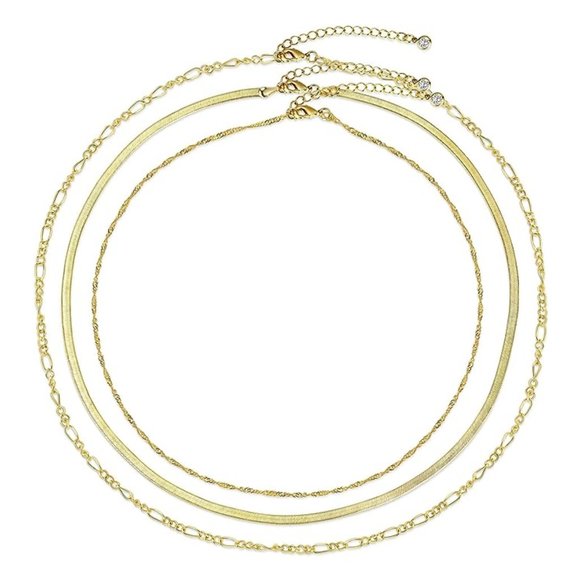 14k Gold Herringbone Necklace Set Layered Chain Choker Delicate Dainty Jewelry - Picture 2 of 7